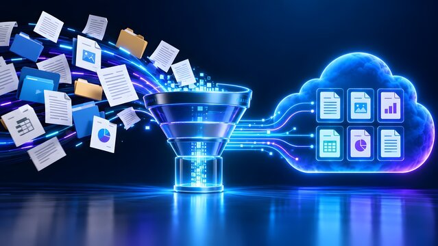 Digital funnel sorting various files into glowing cloud storage representing data aggregation and information processing