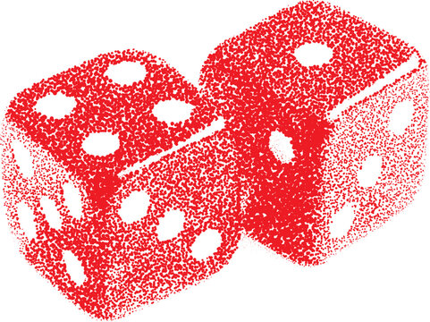 Halftone stipple dotted retro grunge transparent dice design in trendy monochrome with pixelated style