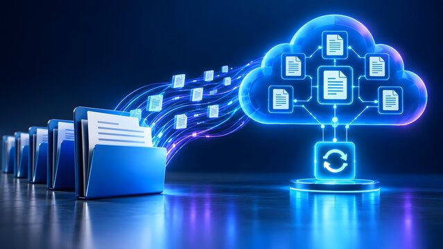 Glowing cloud computing icon syncing document files from digital folders representing data transfer and remote storage backup