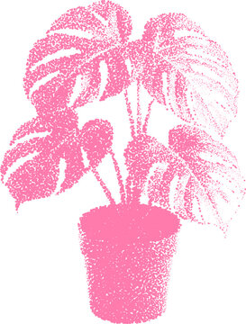 Halftone monstera plant in pot, retro grunge stipple design with dotted transparent aesthetic