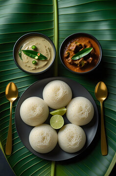 Top-Down Studio Shot of South Indian Feast String Hoppers, Creamy Curry, and Tomato Gravy