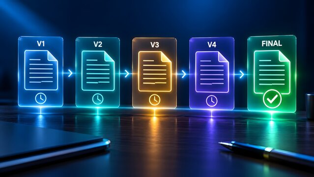 Digital document version control workflow timeline showing progression from initial draft to final approved status
