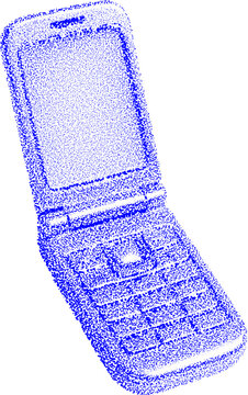 Vintage flip phone halftone artwork in stipple and dotted grunge style on transparent background