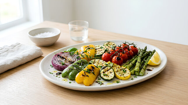 Healthy platter of colorful grilled vegetables on a wooden table