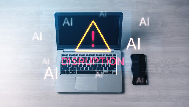 Disruption warning future of work, featuring AI agents replacing human jobs. Represents labor unemployment, corporate automation cost shift, and need for new career reskilling and upskilling. Corpus