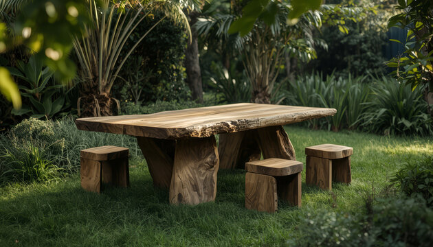 Rustic wooden dining table and chair set in the garden