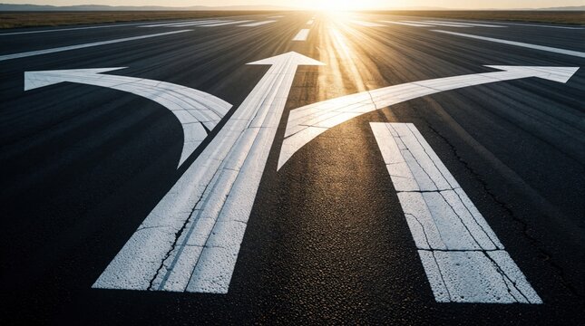 White road markings on dark asphalt show multiple direction arrows. Choice of paths at crossroads under bright sunset light. Concept for business strategy, decision making, life direction, future