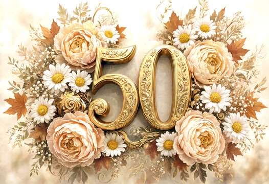Beautiful golden fifty number surrounded by elegant flowers and leaves in vintage style design