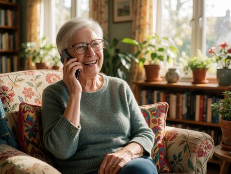 Happy elderly caucasian woman talks on mobile phone sitting on floral sofa at home. Joyful senior lady laughs during phone call in cozy living room. Mature female enjoys wireless communication,