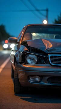 Damaged sedan car parked on the roadside after a traffic accident at dusk