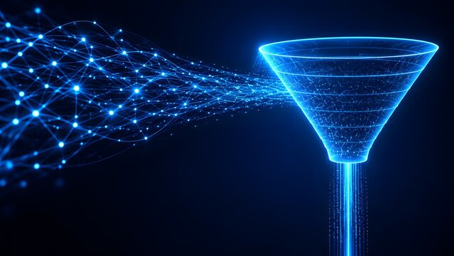 Glowing network mesh nodes converging into transparent funnel representing machine learning data aggregation and analytics