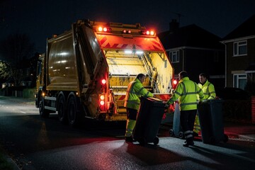 Obraz premium Garbage truck workers collect wheelie bins on residential street at night. Sanitation crew in hi-vis clothing load rubbish into recycling lorry. Sanitation service performs waste management in