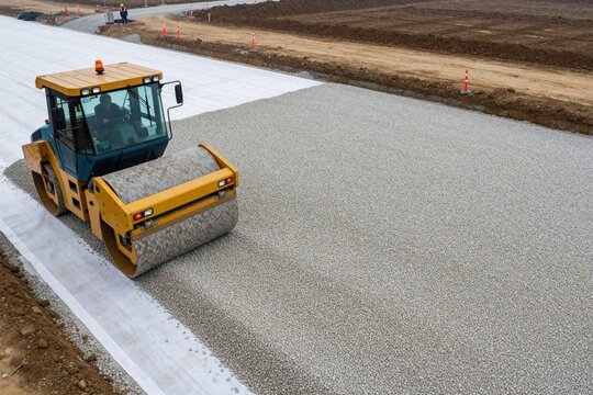 Yellow road roller compacts gravel on construction site. Heavy machine creates foundation base for new road infrastructure project. Worker operates compactor on groundwork.