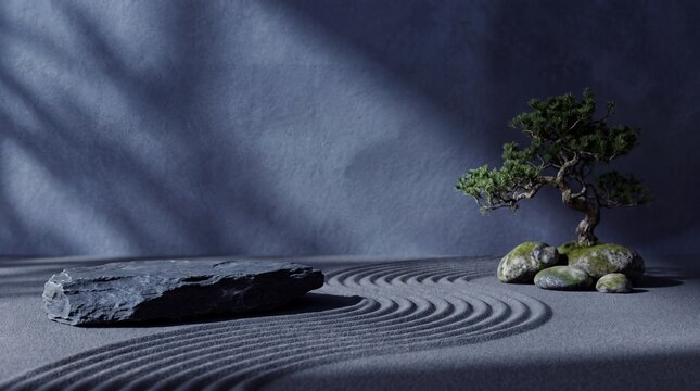 Dark stone podium on grey sand with zen circles and bonsai tree