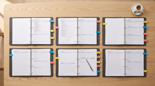 Professional business planners with colorful tabs on wooden desk. Set of six open ring binders for corporate scheduling and time management. Minimalist office stationery for productivity.