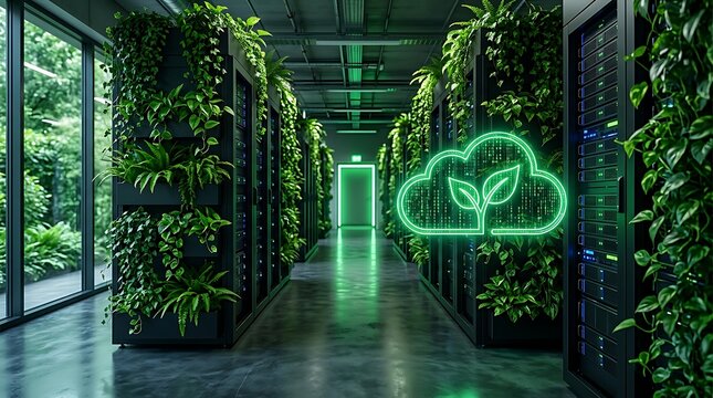 Sustainable green data center with lush vertical gardens on server racks, eco-friendly cloud computing facility with glowing neon leaf icon, carbon neutral digital infrastructure concept.