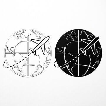 Minimalist globe illustration with airplane routes showing global connectivity