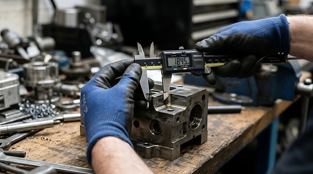 Skilled Machinist Measuring Metal Block with Calipers in Workshop