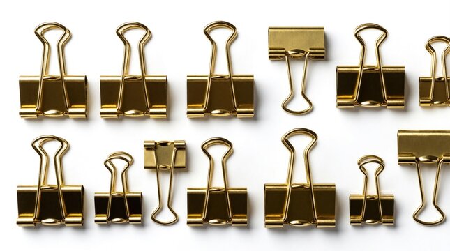 Collection of golden binder clips, bulldog clips on white background. Group of metal stationery items for office school. Elegant gold fasteners of various sizes arranged in rows for organizing paper
