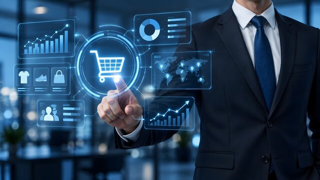 Businessman interacting with glowing ecommerce dashboard interface analyzing global online shopping data and retail sales performance