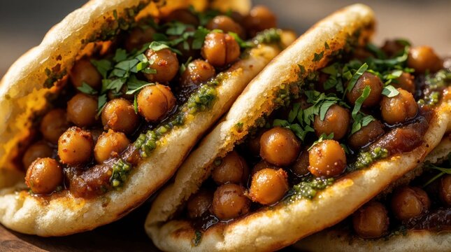 Close up of Trinidad doubles street food. Curried chickpeas with tamarind chutney, fresh cilantro on soft bara flatbread. Savory Caribbean snack served warm with spicy seasoning. Delicious vegan