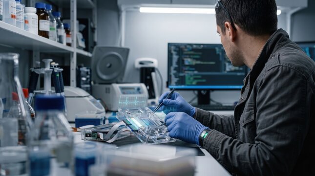 Scientist wearing blue gloves working on biohacking hardware in a laboratory. Digital interface displays data in a dark tech environment.