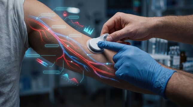 Medical professional applying a glucose sensor to a patient arm. Digital interface displays vascular data in a high tech laboratory setting.