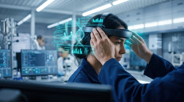 Scientist wearing neural interface headset displaying holographic dna data. Modern laboratory environment with glowing digital health metrics.