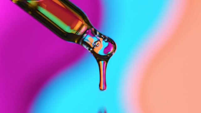 Close-up of a glass dropper with a drop of liquid dripping against a colorful gradient background