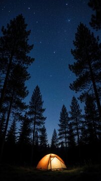 Illuminated tent glows warmly under starry night sky. Tall pine trees frame dark forest scene. Peaceful camping adventure, serene nature escape, quiet wilderness.