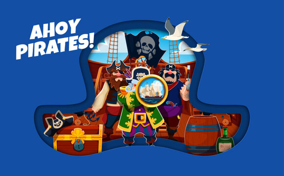 Pirate paper cut tricorn cocked hat shape banner. Cartoon vector 3d frame with sea captains, sailing ship, skull flag, treasure chest, rum barrel and seagull. Ahoy pirates adventure with ship crew