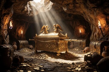 Fototapeta premium Golden Ark of Covenant sits inside dark ancient cave. Holy biblical treasure chest with angel statues glows under bright sunlight beam. Scattered gold coins, clay pots surround sacred relic in hidden