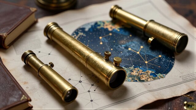 Vintage brass telescopes rest on star charts beside old books.