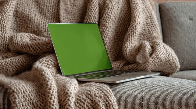 Laptop with green screen, draped in beige knit blanket on a couch