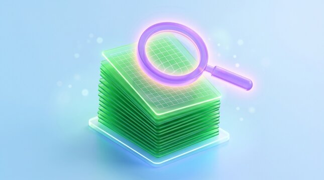 Modern digital magnifying glass scanning glowing green document stack with futuristic search concept