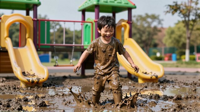 Happy child splashes through muddy playground, joyful in messy fun.