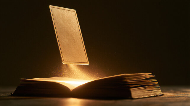 An open book emits a magical glow and shimmering particles, illuminating a blank floating card. The dark background emphasizes the mystical and ethereal quality of the scene.