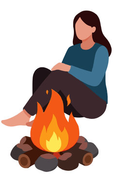 Barefoot woman relaxing beside a glowing campfire with bright orange flames over dark logs and rounded stones, depicted in a modern flat vector illustration isolated on white background