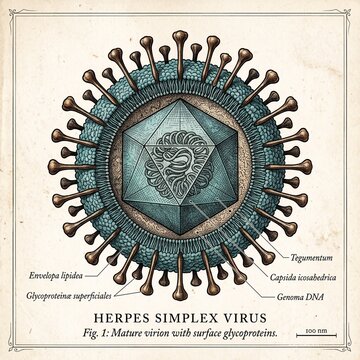 Detailed vintage illustration of Herpes Simplex Virus with medical labels and microscopic design