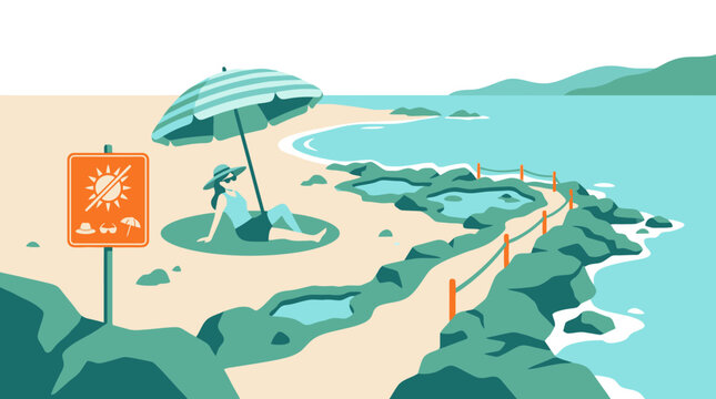 Sunny Beach Vacation Scene with Umbrella and UV Warning Sign. EPS Editable. Vector Illustrations.