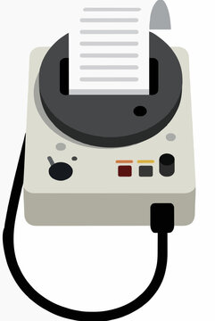 Compact medical polygraph testing machine with paper chart printout readout dials buttons and probe wire, physiological lie detector equipment vector illustration on clean white background