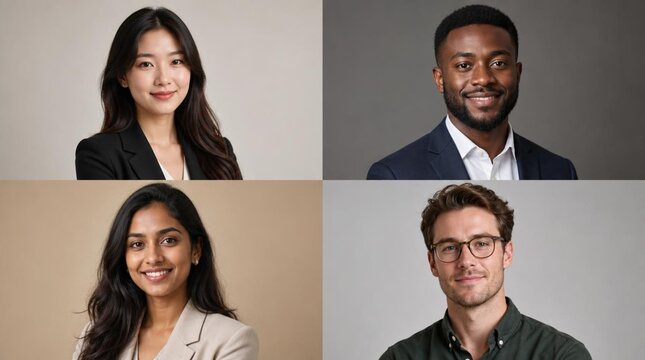 Split-screen collage of four confident young multiracial professionals in business attire, smiling portraits representing diversity, unity, and modern workplace inclusion