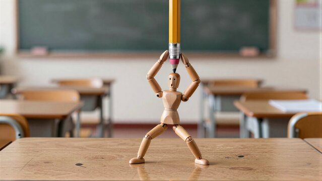 Wooden figure holds pencil above head in classroom, symbolizing pressure or focus.