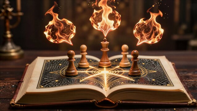 Magical chess pieces float above an enchanted book with fiery spirits rising.