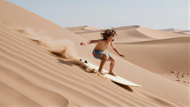 Child surfs down sandy dune, kicking up dust in desert sun.