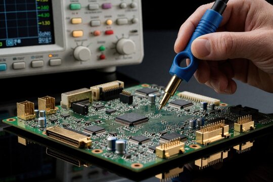Pro engineer uses near field probe to test printed circuit board. Technician checks electromagnetic compatibility, electronic emissions in lab. Specialist performs troubleshooting on green PCB with