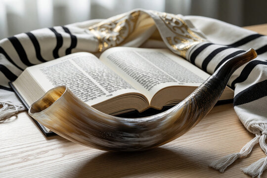Open jewish prayer book lies beside shofar horn and tallit prayer shawl on wood table. Religious items for yom kippur rosh hashanah services.