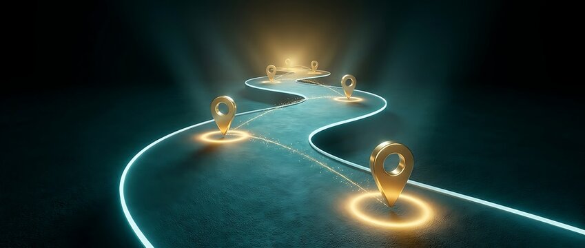 Futuristic winding road with glowing neon lines and golden map pin markers. Digital roadmap with location icons for business strategy milestones. Cinematic path to success and navigation.