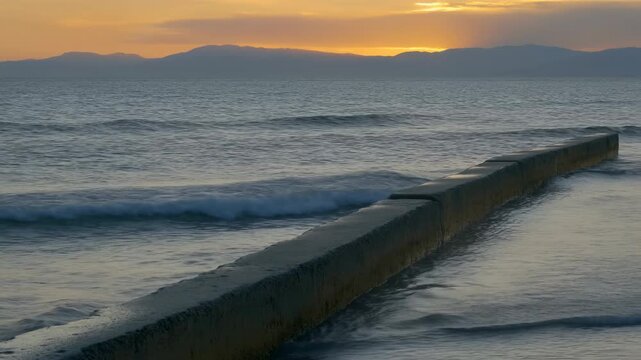 Ocean waves roll toward a long concrete breakwater at sunset, with foamy surf crossing the structure, calm reflective water, and dark mountain silhouettes beneath orange clouds