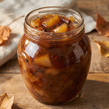 Rustic homemade apple chutney, a gourmet fruit preserve in a clear glass jar, showcasing chunky caramelized apples, warm spices, and a rich amber hue; perfect for autumn recipes, holiday spreads